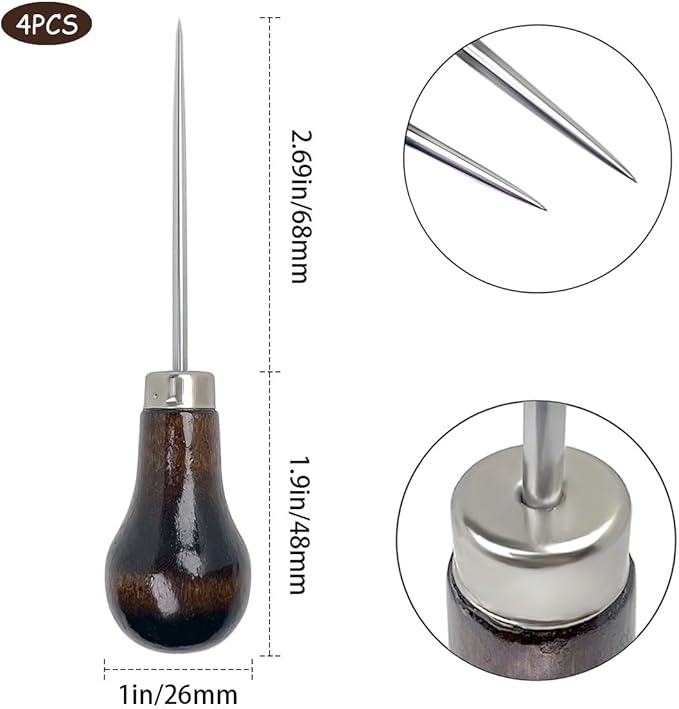 4 Pcs Scratch Awl Tool, with Gourd Shape Wooden Handle, Leather Awl Punch Tool,Tailors Awl, for Sewing Punching Stitching, Gourd Awl Repair Tool for Leather Craft Cloth