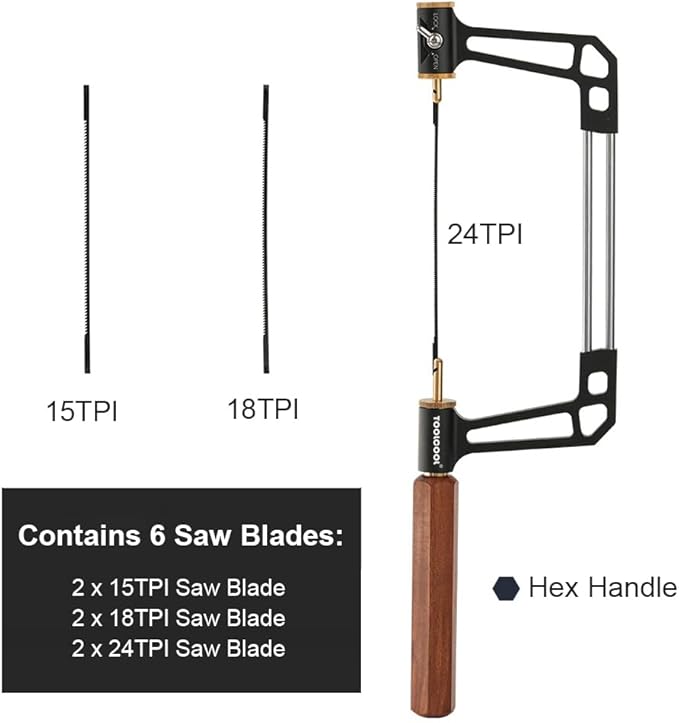 TOOLCOOL Coping Saw for Woodworking Aluminum Alloy Frame Hardwood Hex Handle Handsaw with 15T 18T 24T High Speed Steel Saw Blades