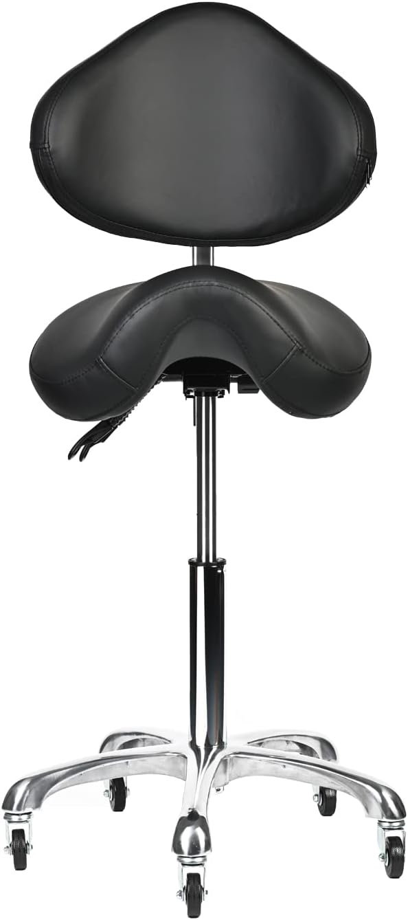 Saddle Stool Rolling Chair with Back Support Swivel Adjustable Height Ergonomic Thick Seat Cushion with Wheels for Nail Lash Tech Esthetician Tattoo Artist Salon Hair Cutting Stylist Black