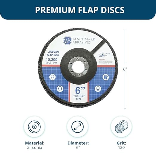 Benchmark Abrasives 6" x 7/8" Premium High Density Jumbo Zirconia Type 27 Flap Discs for Angle Grinder, 6 Inch Sanding Discs, Finishing, Deburring, Rust Removal - (10 Pack) 120 Grit
