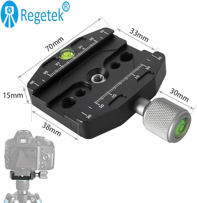 Aluminium 2.75''/70mm Arca Swiss Quick Release Clamp, Arca QR Clamp 3/8-inch with 1/4-inch Screw and Bubble Level, Adjustable Lever Knob, Compatible with Arca-Swiss Plate Tripod Ball Head