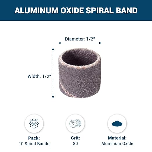 Benchmark Abrasives 1/2" x 1/2" Aluminum Oxide Sanding Bands, Spiral Bands Rotary Sander Attachment for Drill & Die Grinder, Metal Polishing, Sanders for Woodworking Sander Tool (10 Pack), 80 Grit