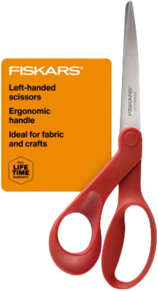 Fiskars All-Purpose Left-Handed Scissors - Ergonomically Contoured - 8" Stainless Steel - Paper and Fabric Scissors for Office, Arts, and Crafts - Red