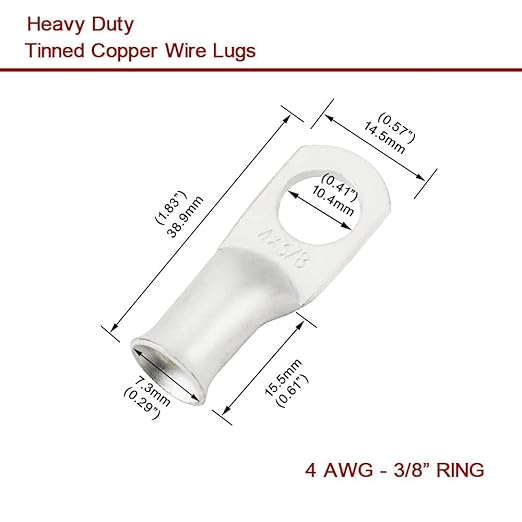 4 AWG 3/8" Stud Battery Ring Terminal (10 pcs.) - 4 Gauge Cable Connectors, Wire Lugs, Tubular Ring Terminal Connectors, Tinned Copper Eyelets