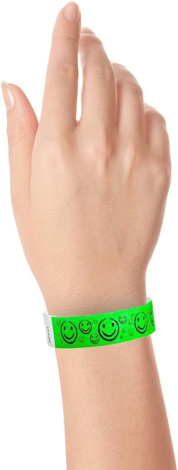 500 WristCo Neon Green Smiley Face Tyvek Wristbands for Events - ¾” x 10” - Waterproof Recyclable Comfortable Tear Resistant Paper Bracelets Wrist Bands for Concerts Festivals Admission Party