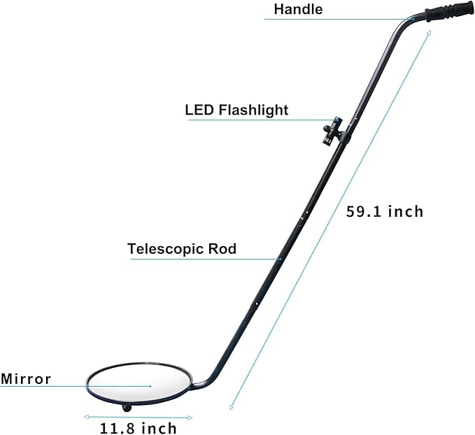 Under Vehicle Inspection Mirror,12 Inch Convex Search Mirror with Adjustable Telescoping Handle and Mirror Angle for Security Check Under Cars, Trucks, Equipments, Over Shelves and Corners