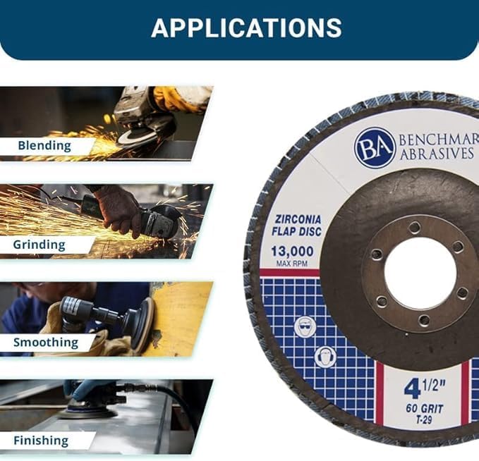 Benchmark Abrasives 4.5" x 7/8" Premium Zirconia T29 Angled Flap Discs 4 1/2 for Angle Grinder, Sanding Discs, Finishing, Rust, Stock Removal- Grinding Wheels 4 1/2 Inch (10 Pack) - 60 Grit