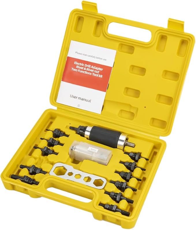 HIFESON Rivet Nut Tool, Electric Drill Adapter Rivet & Rivet nut Two Functions Rivnut Tool Kit,Including 12 Rivet Nut Mandrels and 4 Rivet Heads