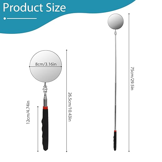 Telescoping Flexible Circular Mirror - 360 Rotation with Extended Handle - Round Inspection Mirror for Vehicle Condition (3 Inch Dia)