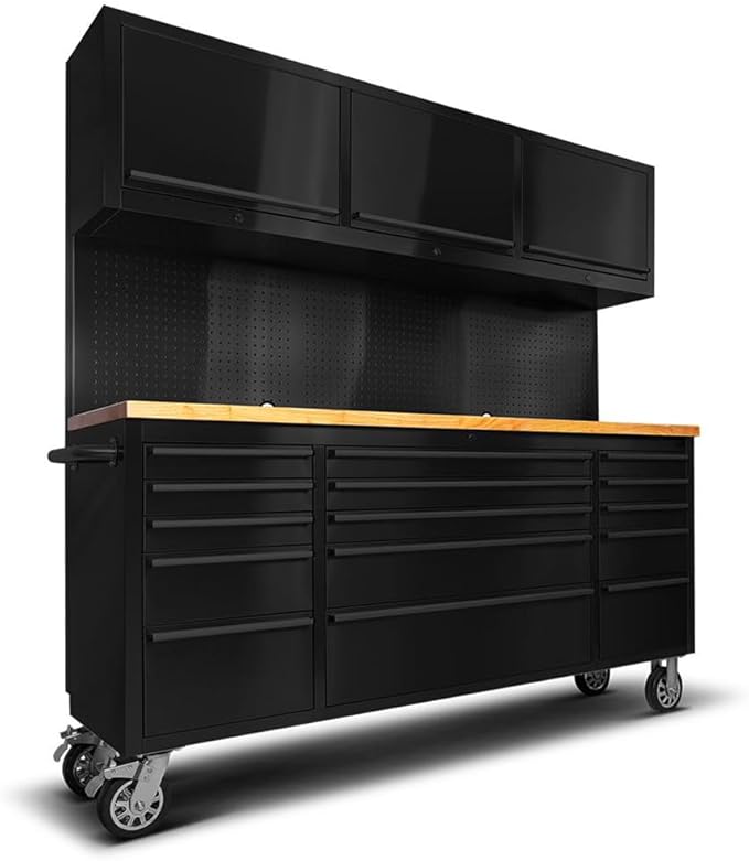 72 inch 15 Drawers Tool Chest with 3 Up Cabinet & Pegboard in Stainless Steel (Black)