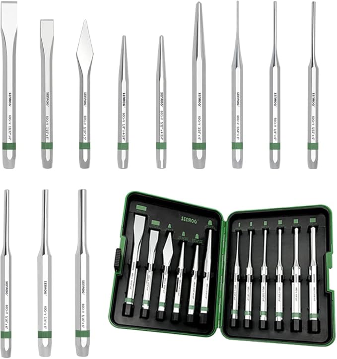 12-Piece Punch and Chisel Set, Including Pin Punch, Cold Chisel, Taper Punch, Center Punch, Carrying Case, Widely Used in Factories, Repair Shops, Home