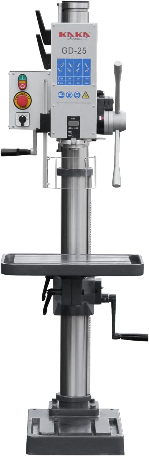 KAKA INDUSTRIAL Floor Drill Press, 0.9kW 220V 3-Phase Gear Head, 8-Speed (130-3200 RPM), Cast Iron Benchtop, 25mm GD-25 Steel Drilling and Milling, MT3 Taper, DRO Depth Control