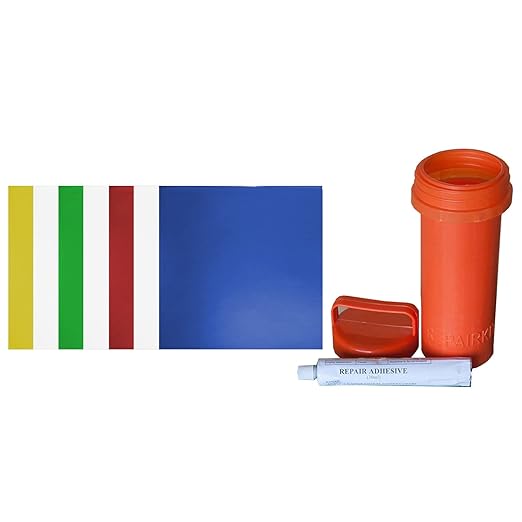 Vinyl Adhesive Party Tent Patch Repair Kit, 5" x 5" Pieces (3 White, 1 Blue, 1 Red, 1 Green, 1 Yellow) with 1 oz. Liquid Repair Glue and Portable Orange Carrying Case