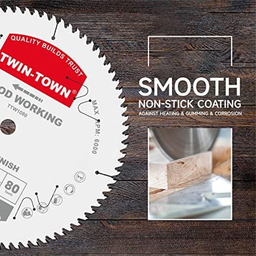 TWIN-TOWN 10-Inch 80-Tooth ATB Fine Finish Wood Cutting Circular Saw Blade, 5/8 Inch Arbor, Compatible with Table and Miter Saws, Premium Quality Woodworking Saw Blade