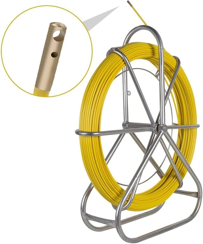 Fish Tape Fiberglass 6MM 656FT,Duct Rodder Fish Tape Puller Fiberglass Wire Cable Running with Cage and Wheel Stand,Durable Steel Reel Stand,Fish Tape Min Bending Radius 13 inch/330 mm (6mm 656Ft)