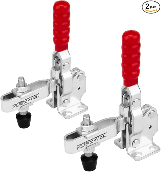 POWERTEC 2PK Toggle Clamp, 500 lbs Holding Capacity, 12130 Quick Release Vertical Clamps w/Antislip Rubber Pressure Tip for Woodworking Jigs and Fixtures, Welding, Drill Press, Crosscut Sled (20335)
