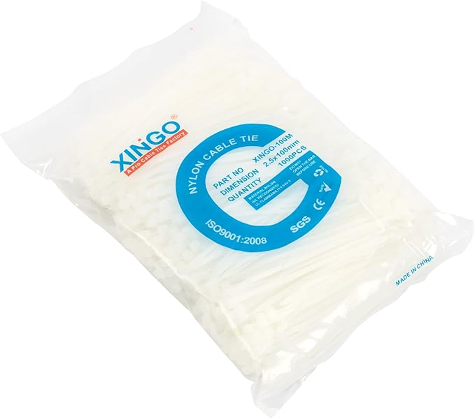 XINGO 1000 PCS 4 inch White Cable Zip Ties, 18lb Strength, Small Tie Wraps Self-Locking Nylon Zip Ties for Indoor and Outdoor Use