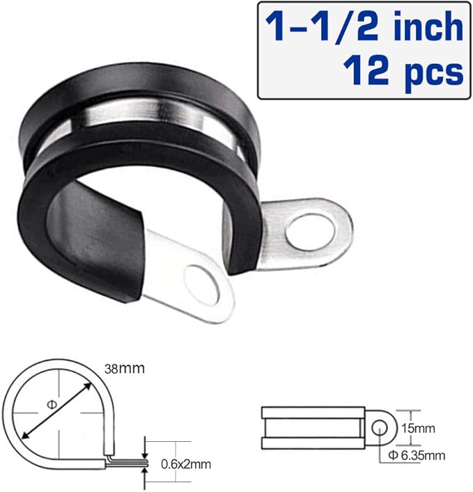HOLYBEAR 1-1/2 Inch Stainless Steel Cable Clamp, Rubber Insulated Metal Conduit Wire Holder Strap Clips for Pipe, Tube, Hose Bracket (38mm, 12pcs)