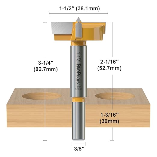 FivePears Forstner Drill Bit 3/8 inch Shank, 1-1/2 inch Cutting Diameter, Carbide Tipped Wood Hole Saw Auger Opener, Hole Opener Hinge Hole Cutter for Woodworking, Plastic, Plywood Products