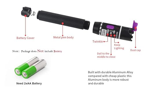 2pcs Fiber OpticVisual Fault Locator Fiber Optic Cable Tester with 1pc Singlemode 9/125um FC Male to LC Female Adapter, Purple Switch (Mode Number: VFL-30)