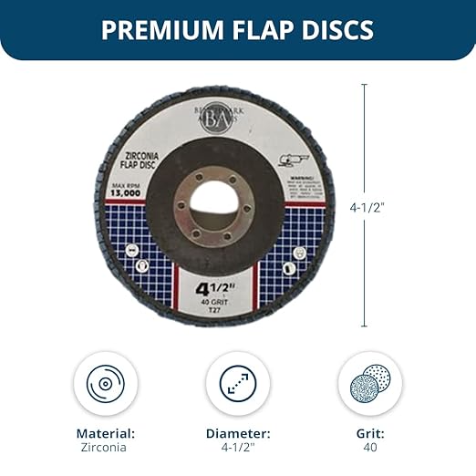 Benchmark Abrasives 4.5" Premium Zirconia Type 27 Flat Flap Discs Grinding Wheels for Sanding Stock Rust Removal Finishing Grinding Deburring Stainless Steel, 7/8" Arbor (100 Pack) - 40 Grit
