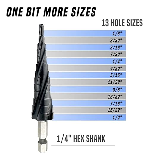 Four Spiral Flute Step Drill Bit, 1/8" - 1/2"(13 Sizes) 1/4" Hex Shank Cobalt Step Drill Bit Fully Coated with TiAlN for Metal, Stainless Steel, Aluminum, Plastic