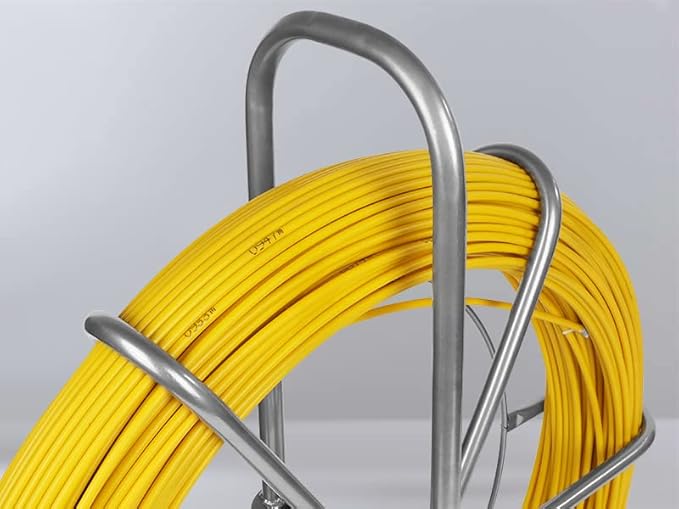 FAHKNS 425FT Fish Tape Fiberglass 1/4 inch(6MM) Fishing Wire Puller Duct Rodder Cable Running Electrical Fishtape Tool Rod with Steel Reel Stand Through Wall Pipe Length Marking in Meter