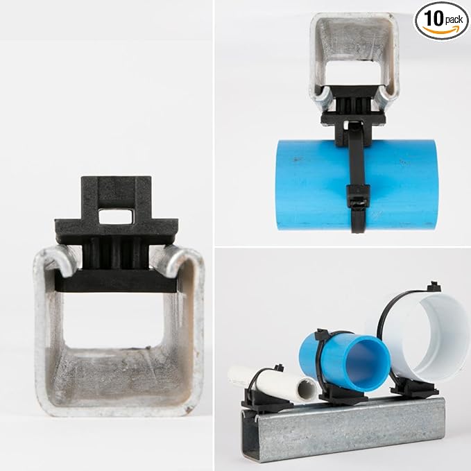 Strut Clamp for Piping and Conduit (10pcs & 100pcs), 3/8" to 5" Universal Size, Tool-Free Install, Made in USA, Non-Corrossive, Non-Conductive. (Uniclamp + Nylon Strap, 10)