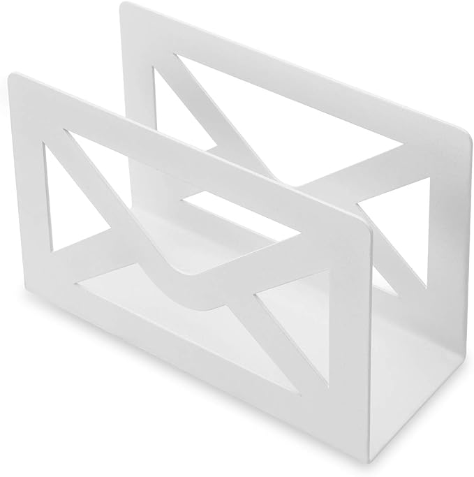 MyGift White Metal Desktop Mail Holder with Cutout Envelope Design Home and Office Desk Letter Organizer