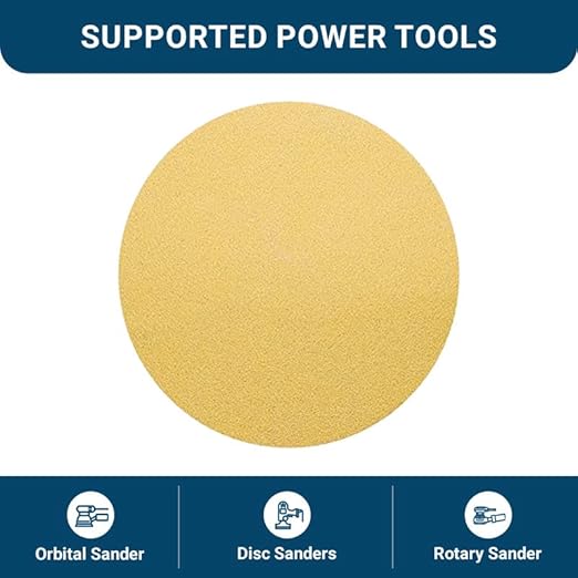 Benchmark Abrasives 5 Inch Sanding Discs Hook and Loop, Aluminum Oxide Stearated Gold No Holes Adhesive Sandpaper for Surface Blending, Automotive - Orbital Sander Sandpaper (50 Discs), 180 Grit