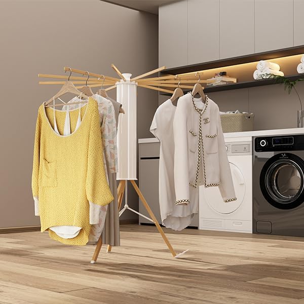 Tripod Drying Rack Portable, Foldable Drying Rack Clothing with 12 Wood Drying Arms, Standing Laundry Hanger Rack Round Collapsible & Portable Handle for Laundry Room, Balcony, Bedroom, RV