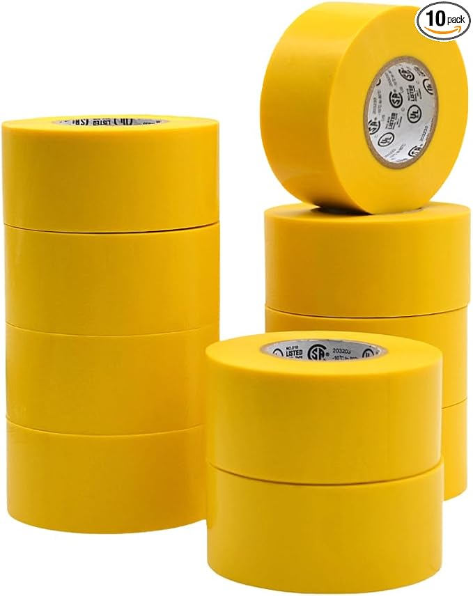 WOD ETC766 Professional Grade General Purpose Yellow Electrical Tape UL/CSA Listed core. Vinyl Rubber Adhesive Electrical Tape: 1.5 inch X 66 ft - Use at No More Than 600V & 176F (Pack of 10)