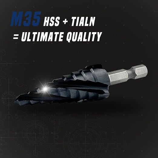 Four Spiral Flute Step Drill Bit, 1/4" - 3/4"(9 Sizes) 1/4" Hex Shank Cobalt Step Drill Bit Fully Coated with TiAlN for Metal, Stainless Steel, Aluminum, Plastic
