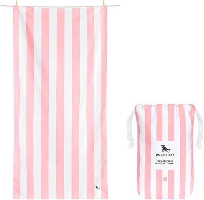Dock & Bay Beach Towel - Quick Dry, Sand Free - Compact, Lightweight - 100% Recycled - Includes Bag - Cabana Light - Malibu Pink, Medium (130x70cm, 51x27)