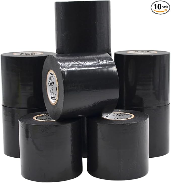 WOD ETC766 Professional Grade General Purpose Black Electrical Tape UL/CSA Listed core. Vinyl Rubber Adhesive Electrical Tape: 3 inch X 66 ft - Use at No More Than 600V & 176F (Pack of 10)