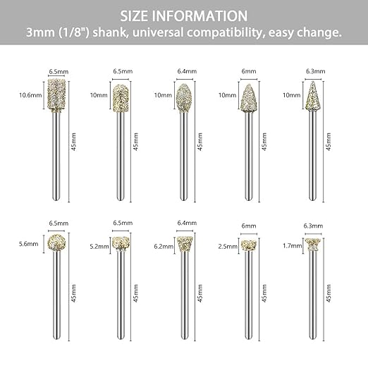 60 Grit Diamond Grinding Bits Compatible with Dremel Rotary Tool, 20 Pcs Stone Carving Diamond Drill Bits with 1/8 Inch Shank for Stone Carving, DIY Grinding, Polishing, Engraving