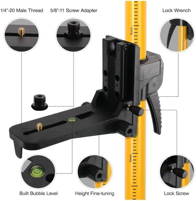 15.8Ft/4.8M Professional Telescoping Laser Level Pole with Tripod & Laser Mount - 1/4"-20 & 5/8"-11 Adapters, Adjustable Laser Pole Mount for Rotary/Line Lasers
