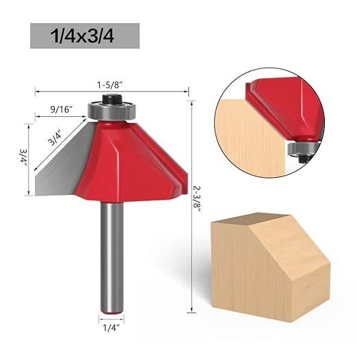 WSOOX 45 Degree Chamfer Router Bits with 1/4" Shank 4PCS Bevel Edge Forming Router Bits (Cutting Diameter:5/8",3/4",7/8",1")