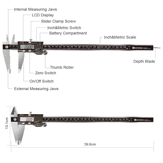 Digital Caliper, 12 Inch/300mm Vernier Caliper Measuring Tool with Stainless Steel, IP54 Splash Proof, Electronic Micrometer LCD Screen Auto-Off, Inch/Millimeter Conversion for 3D Printing