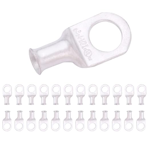 SELTERM 25pcs 4 AWG 1/2" Stud Marine Grade Tinned Copper Battery Cable Lugs, 4 Guage Ring Terminals, UL Wire Lugs Electrical Battery Cable Ends, Tinned Copper Lugs Battery Terminal Connectors
