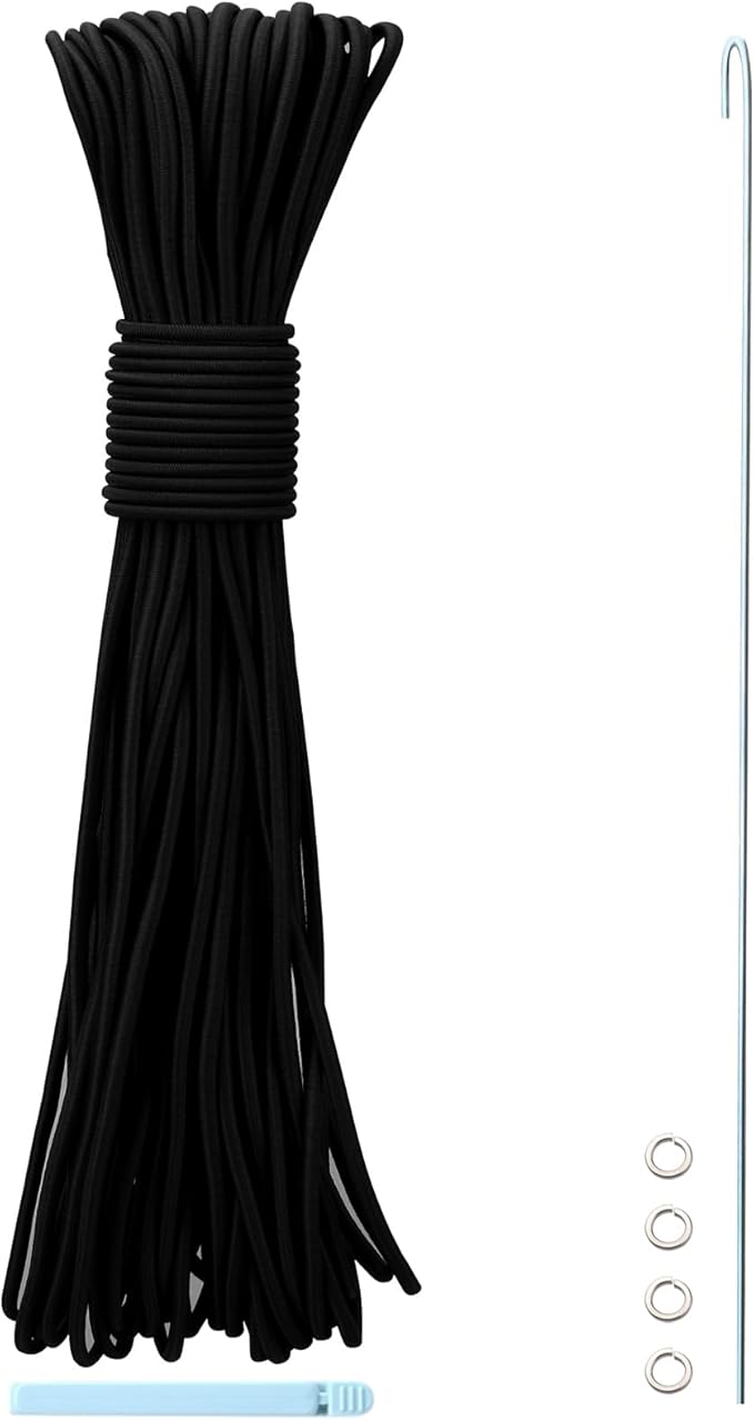 Tent Pole Shock Cord 1/8 inch 60ft, Replacement Shock Cord for Tent Rod, Tent Pole Repair Kit, Elastic Bungee Cord,Elastic Cord with Lead Wire/Washers/Clip (Black/Black)