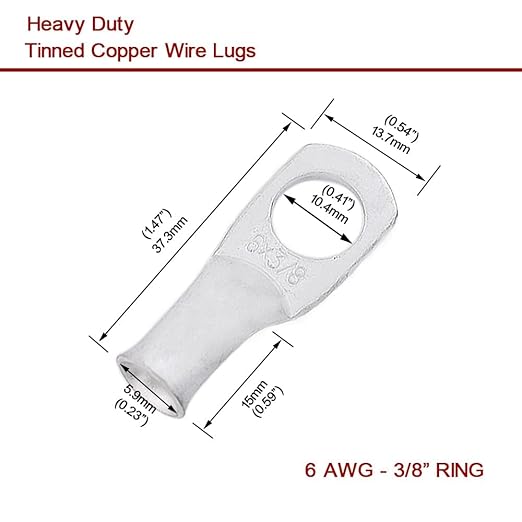 Heavy Duty Tinned Battery Ring Terminals - 6 AWG 3/8" Stud (25 pcs.), Copper Wire Lugs, Bare Copper Eyelets, Tubular Ring Terminal Connectors
