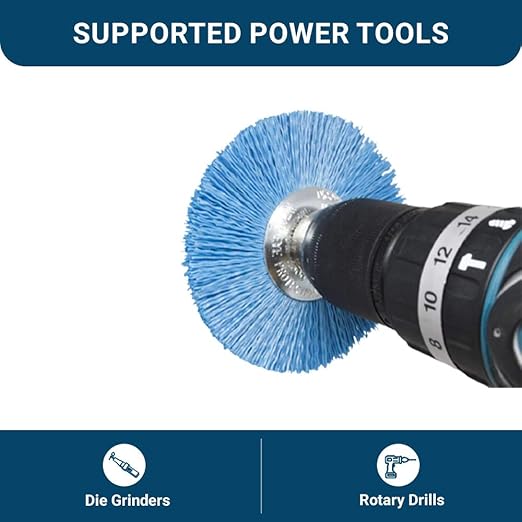 Benchmark Abrasives 4” Mounted Nylon Wire Wheel, Fine Grit, 1/4" Drill Shank, Perfect for Rust or Paint Removal Sanding Finishing on Wood Fiberglass Plastics - (Blue, 4")