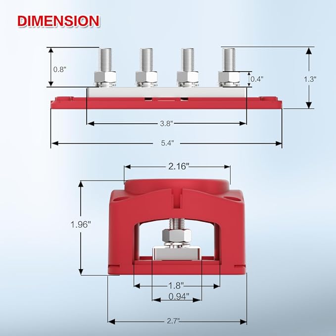 300A Bus Bar 12v Power Distribution Block 4 x 5/16"(M8) Terminal Block Heavy Duty Waterproof Buss Bar Junction Block Marine Battery Bus bar for Automotive Boat Solar System(Red)