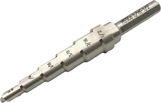 TEMO M35 Cobalt Step Drill Double Flute, 6 Size From 3/16 Inch To 1/2 Inch, 1/4 Inch Hex Shank