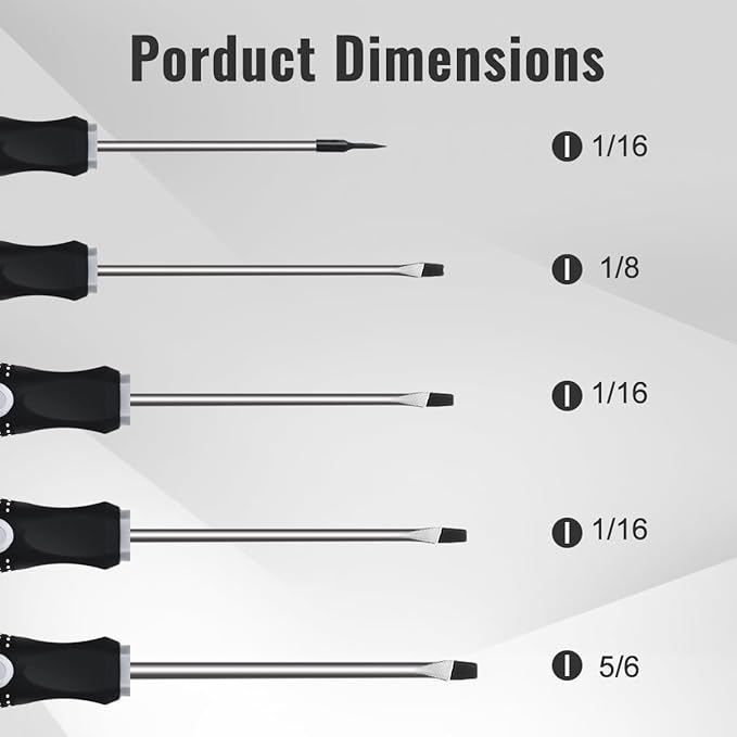 Flat Head Screwdriver Set (5 Pack in the Following Sizes - 1/16", 1/8", 3/16", 1/4", 5/16") Slotted Screwdrivers with Magnetic Tips & Soft Ergonomic Handle - Standard & Precision Flathead Screwdrivers