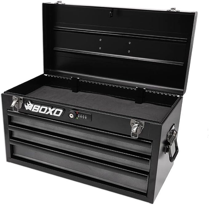 Boxo USA Hand Carry Tool Box 3-Drawer Heavy Duty Steel Toolbox with Lock System (Black)