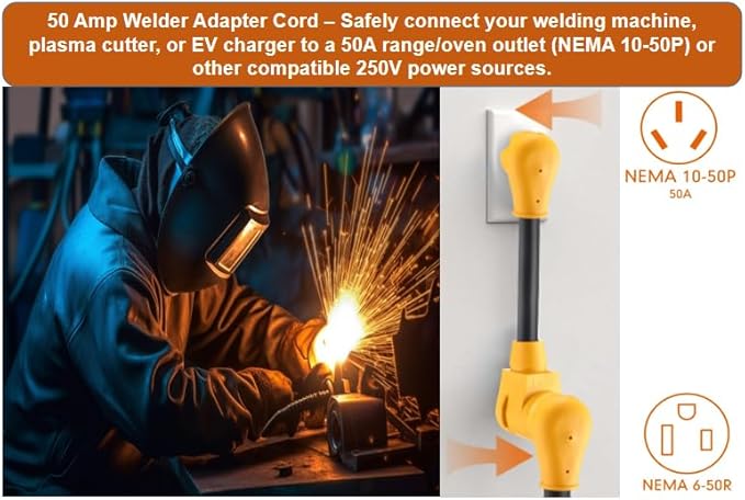50A Welder Adapter Cord, NEMA 10-50P to 6-50R, 1ft Heavy Duty 8AWG STW for Plasma Cutters & Welders | 3-Prong Range/Stove to Welder Converter | Heat-Resistant, Ergonomic Grip