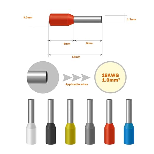 18AWG /1.0mm² Pin Cord End Wire Ferrules Terminals Blue, 500pcs AWG18 Wire Ferrules Terminals for Industrial, Electric System, Chemical Industry etc.