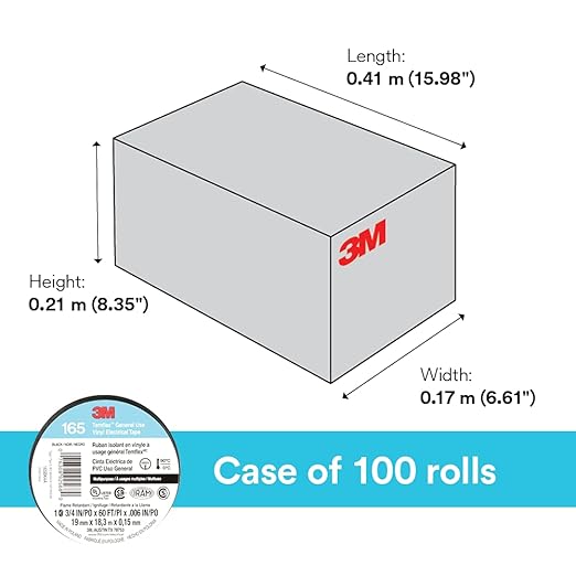3M Temflex Vinyl Electrical Tape 165, Black, 3/4 in x 60 ft (19 mm x 18 m), 6 mil, 100 Rolls/Case